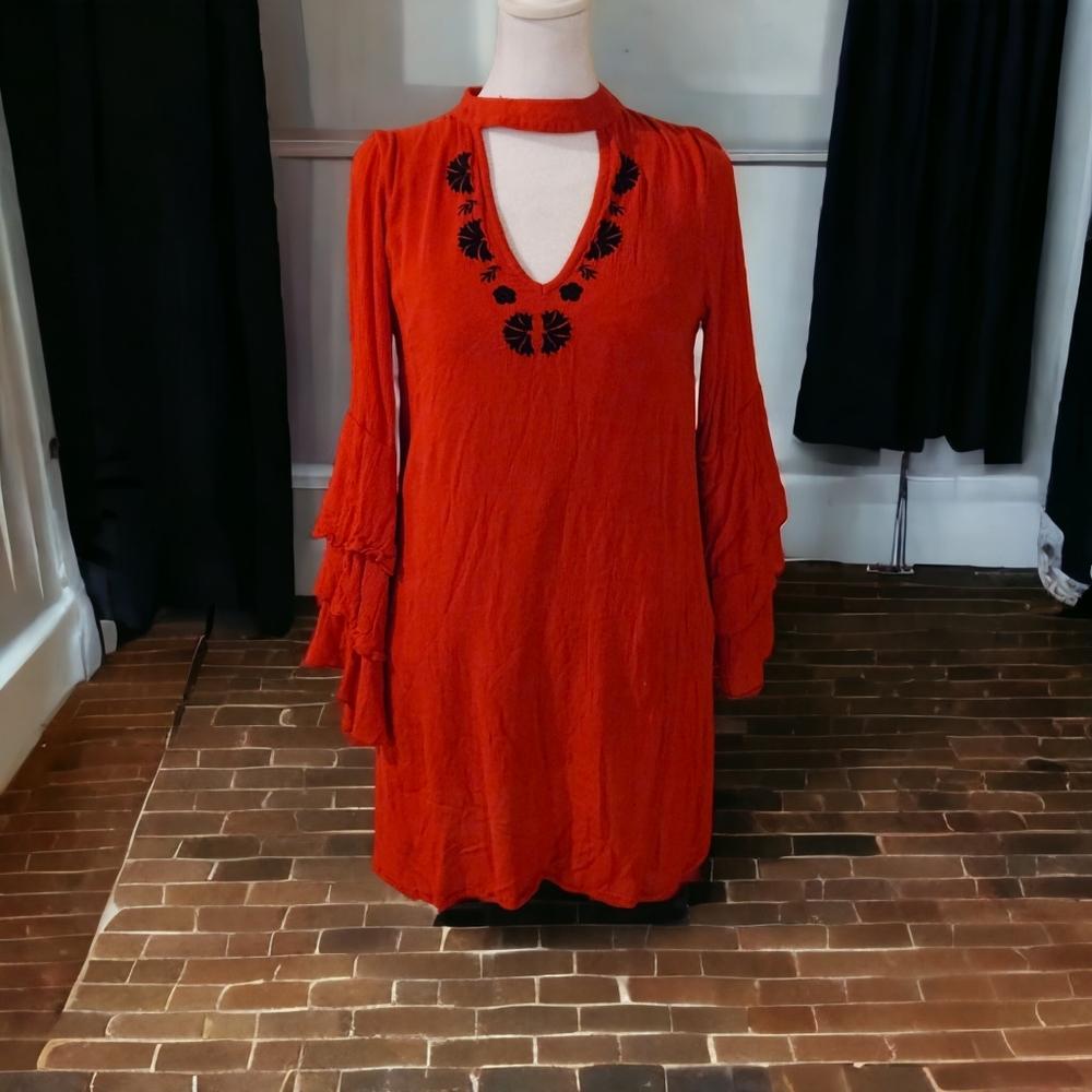 EUC Free People Red Paisley Ruffled Sleeve Top Size XS